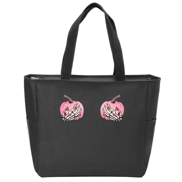 Pink Pumpkin Skeleton Breast Cancer Zip Tote Bag