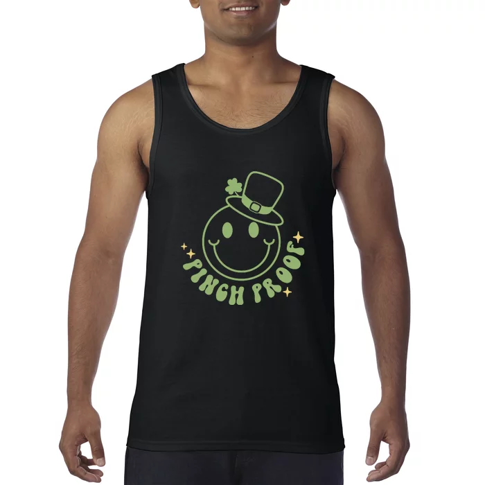 Pinch Proof Smiley Face Funny Shamrock Groovy St Patrick Day Tank Top