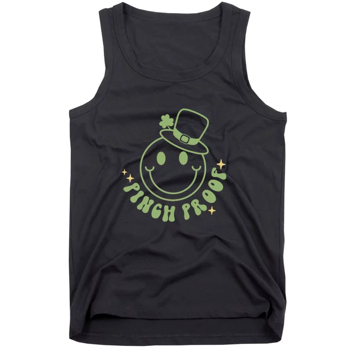 Pinch Proof Smiley Face Funny Shamrock Groovy St Patrick Day Tank Top