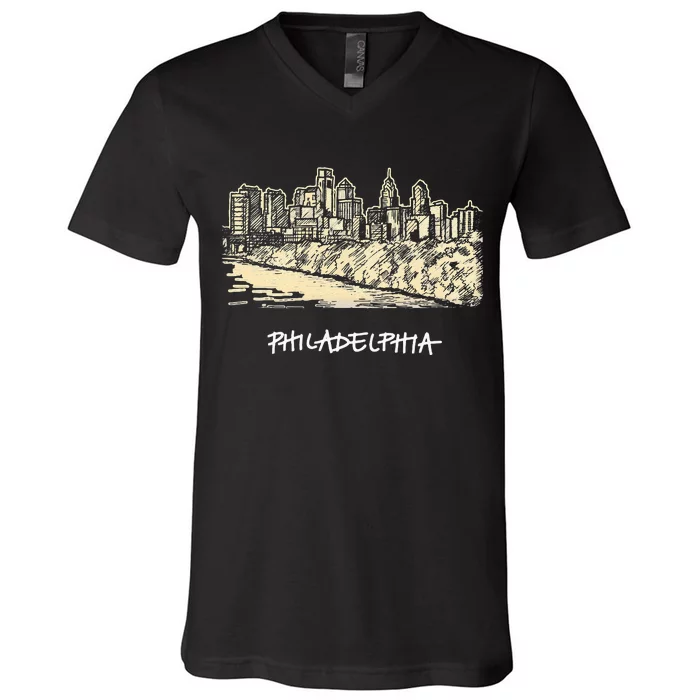 Philadelphia Pennsylvania Skyline Panorama V-Neck T-Shirt