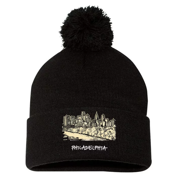 Philadelphia Pennsylvania Skyline Panorama Pom Pom 12in Knit Beanie