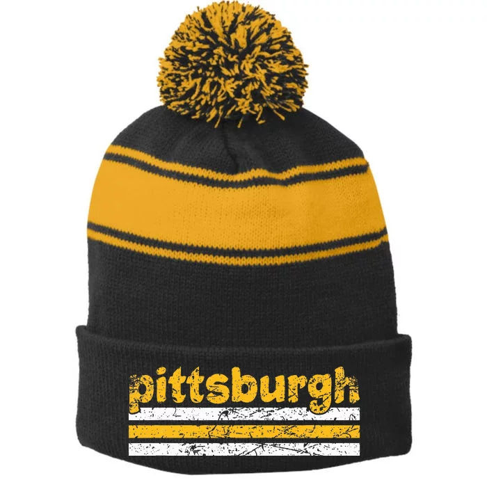 Pittsburgh Pennsylvania Three Stripe Vintage Weathered Stripe Pom Pom Beanie