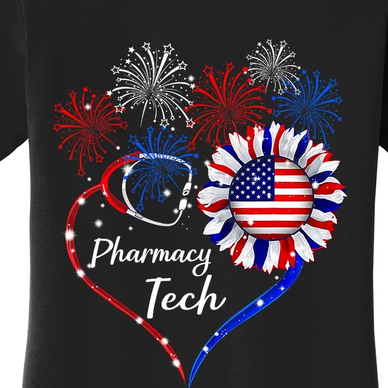 Patriotic Pharmacy Tech Sunflower 4th Of July American Flag Women's T-Shirt