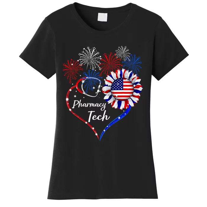 Patriotic Pharmacy Tech Sunflower 4th Of July American Flag Women's T-Shirt