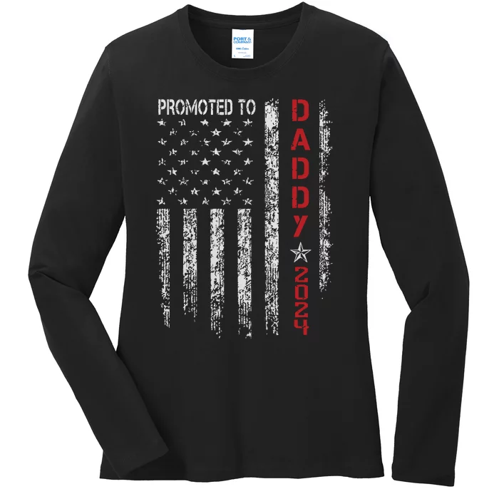 Patriotic Promoted To Daddy Est 2024 First Time Dad Ladies Long Sleeve Shirt