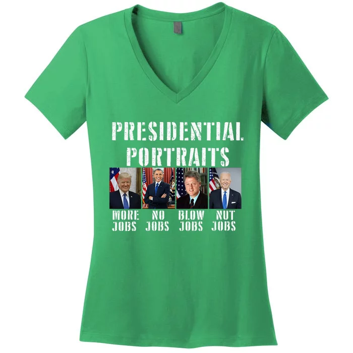 Presidential Portraits Trump More Jobs Obama No Jobs Bush Women's V-Neck T-Shirt