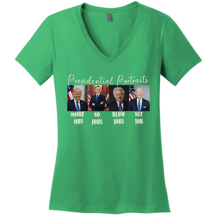 Presidential Portraits Trump More Jobs Obama No Jobs Bush Women's V-Neck T-Shirt