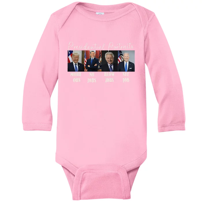 Presidential Portraits Trump More Jobs Obama No Jobs Bush Baby Long Sleeve Bodysuit