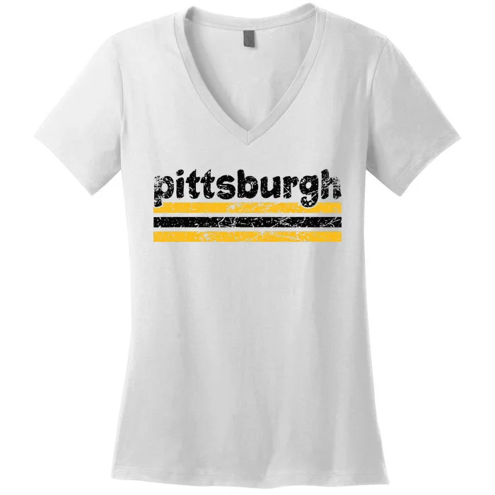 Pittsburgh Pennsylvania Three Stripe Vintage Weathered Women's V-Neck T-Shirt