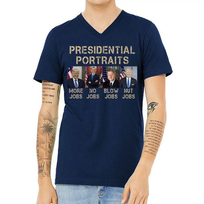 Presidential Portraits Trump More Jobs Funny Political V-Neck T-Shirt