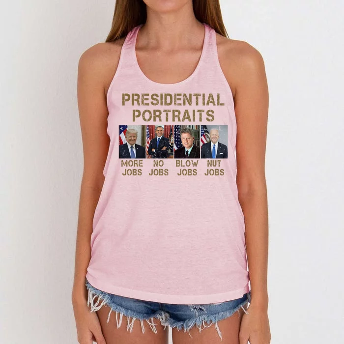 Presidential Portraits Trump More Jobs Funny Political Women's Knotted Racerback Tank