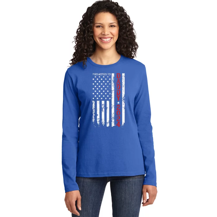 Patriotic Promoted To Daddy Est 2024 First Time Dad Ladies Long Sleeve Shirt