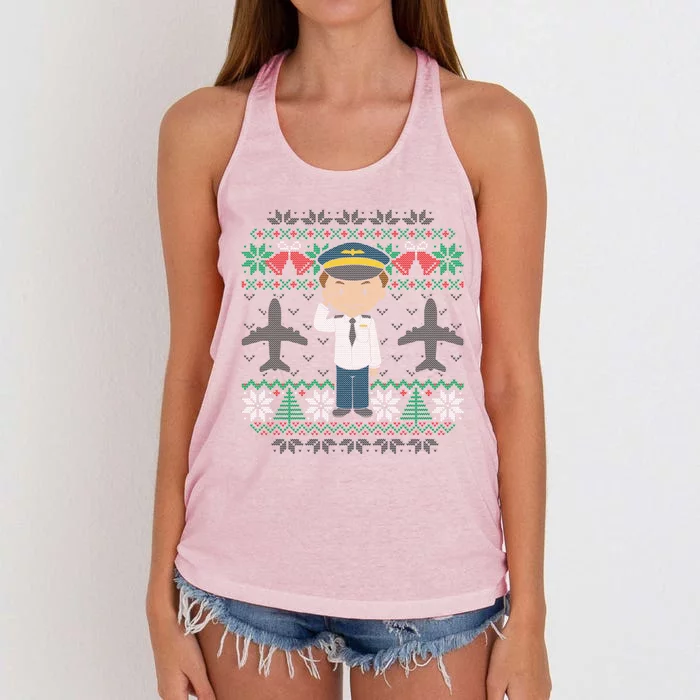 Plane Pilot Ugly Christmas Sweater Airplane Operator Aviator Gift Women's Knotted Racerback Tank