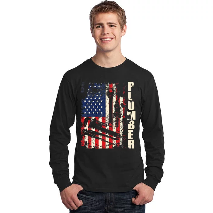 Patriotic Plumber US Flag Plumbing Handyman Pipe Fitter Tall Long Sleeve T-Shirt