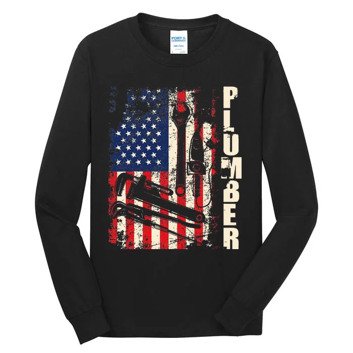 Patriotic Plumber US Flag Plumbing Handyman Pipe Fitter Tall Long Sleeve T-Shirt