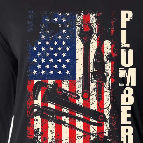 Patriotic Plumber US Flag Plumbing Handyman Pipe Fitter Cooling Performance Long Sleeve Crew