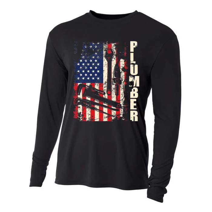 Patriotic Plumber US Flag Plumbing Handyman Pipe Fitter Cooling Performance Long Sleeve Crew