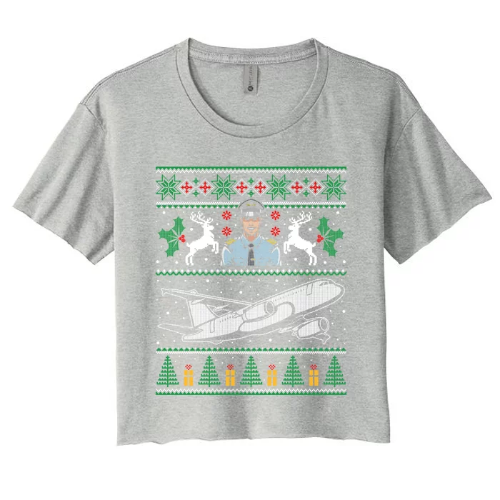 Plane Pilot Ugly Christmas Sweater Airplane Operator Aviator Gift Women's Crop Top Tee