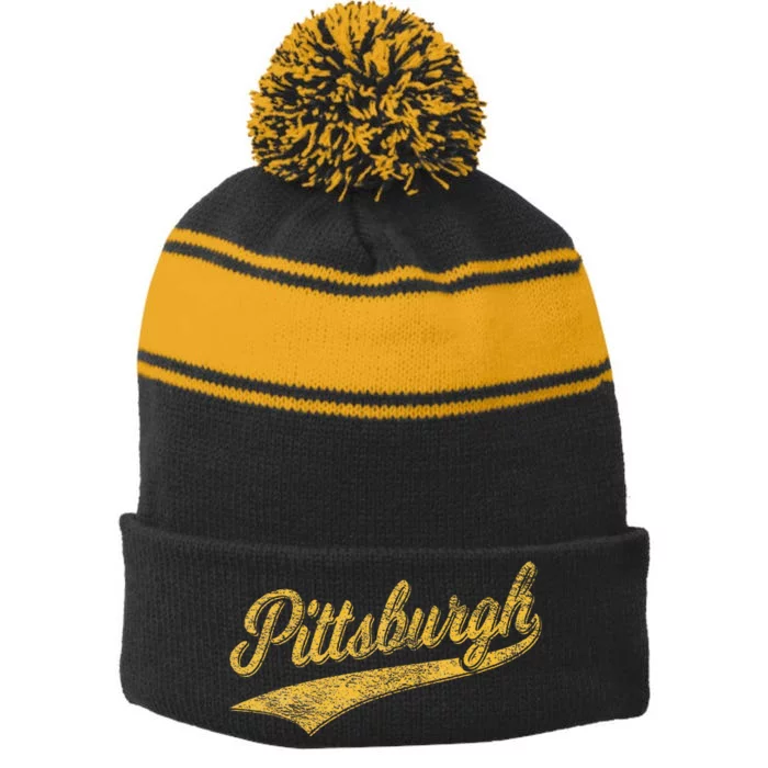 Pittsburgh Pennsylvania Varsity Script Sports Jersey Style Stripe Pom Pom Beanie