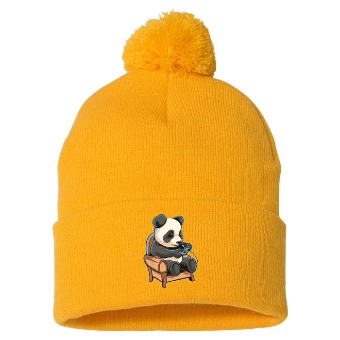 Panda Playing Videogames Pom Pom 12in Knit Beanie