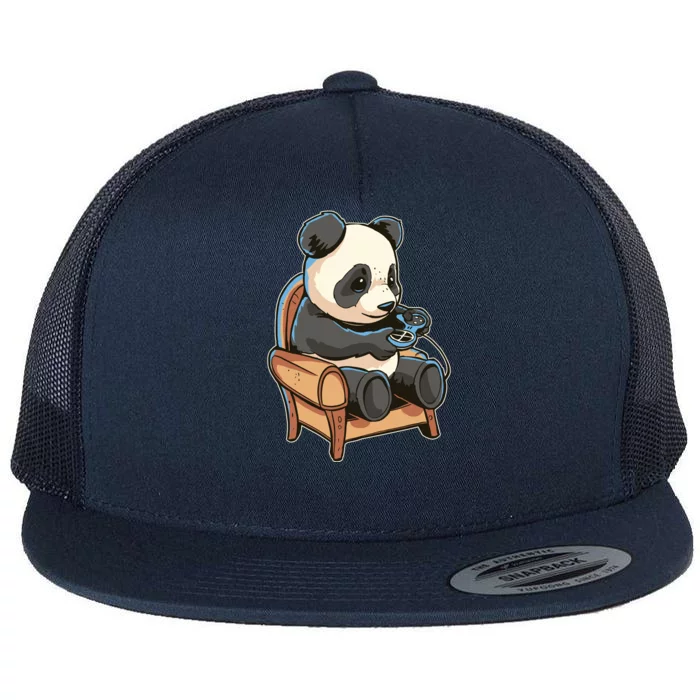 Panda Playing Videogames Flat Bill Trucker Hat