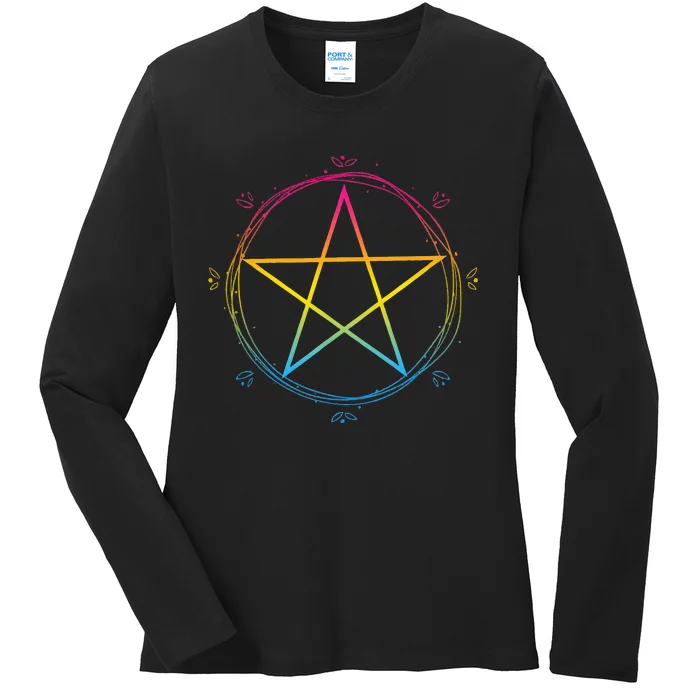 Pansexual Pentagram Wiccan Pagan Pan Pride Flag Boho Floral Ladies Long Sleeve Shirt