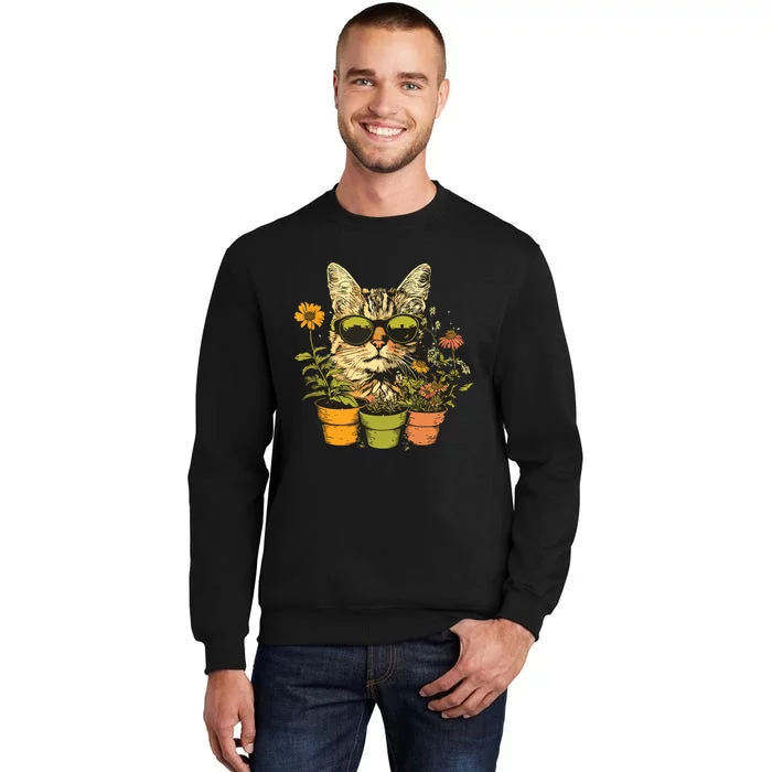 Potted Plants With Funny Cat Face For Gardening And Gardener Tall Sweatshirt