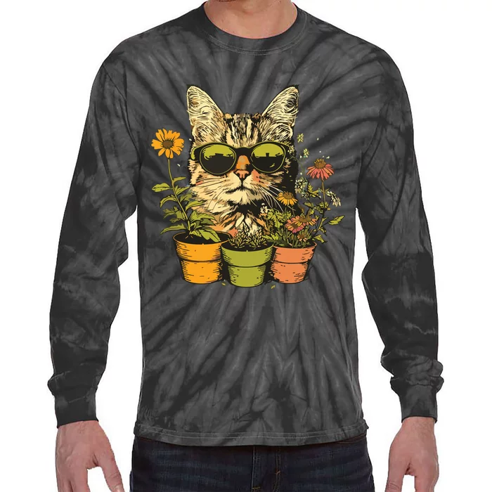 Potted Plants With Funny Cat Face For Gardening And Gardener Tie-Dye Long Sleeve Shirt