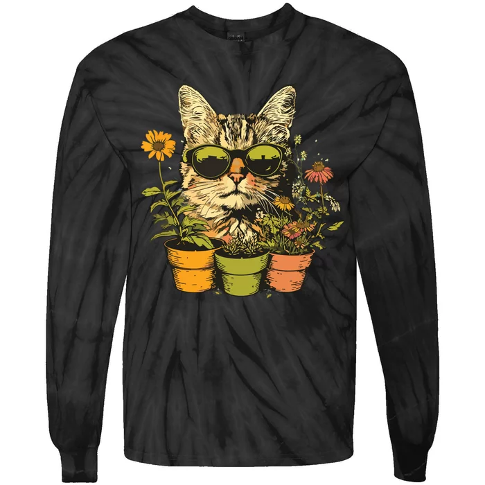 Potted Plants With Funny Cat Face For Gardening And Gardener Tie-Dye Long Sleeve Shirt