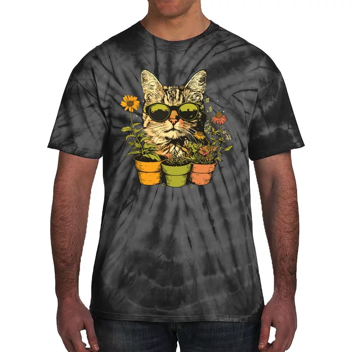 Potted Plants With Funny Cat Face For Gardening And Gardener Tie-Dye T-Shirt