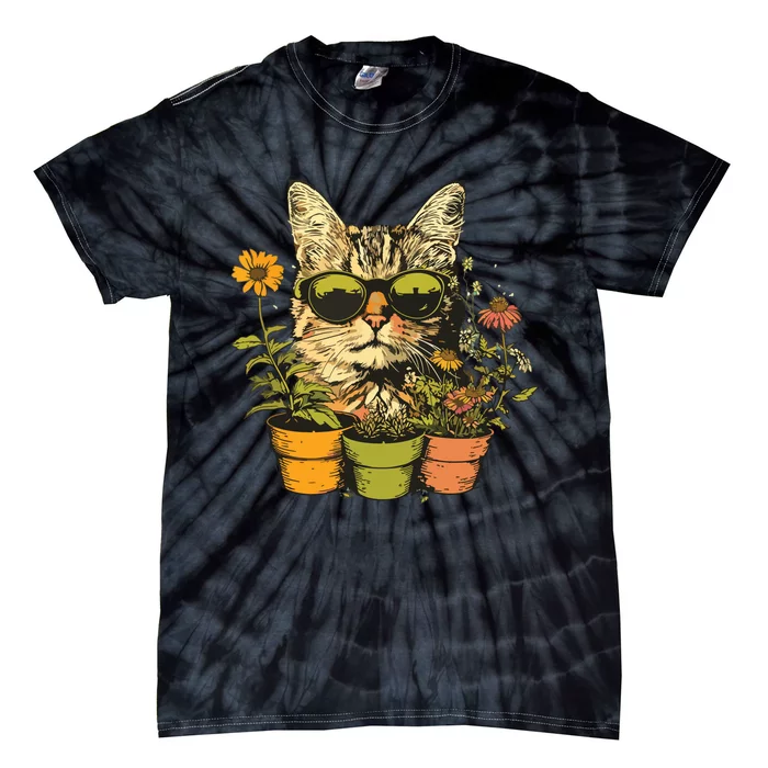 Potted Plants With Funny Cat Face For Gardening And Gardener Tie-Dye T-Shirt