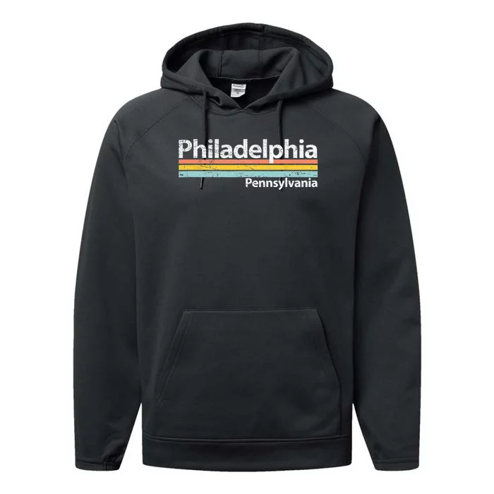 Philadelphia Pennsylvania Worn Design Retro Stripes Performance Fleece Hoodie