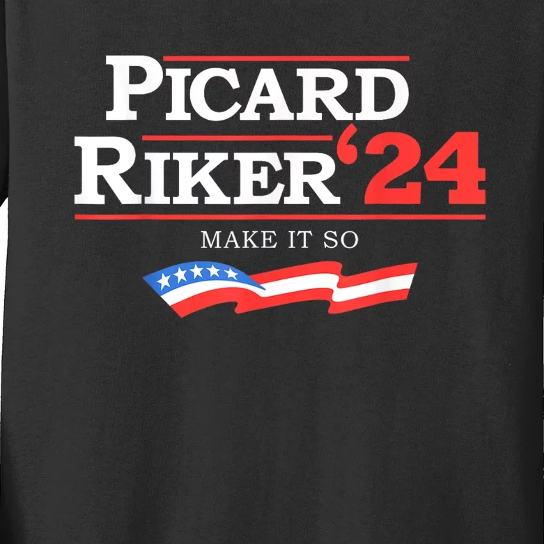 Picard Riker 2024 Make It So American Flag Funny Political Kids Long Sleeve Shirt