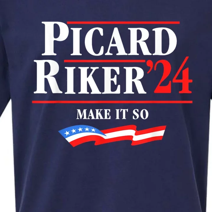 Picard Riker 2024 Make It So American Flag Funny Political Sueded Cloud Jersey T-Shirt