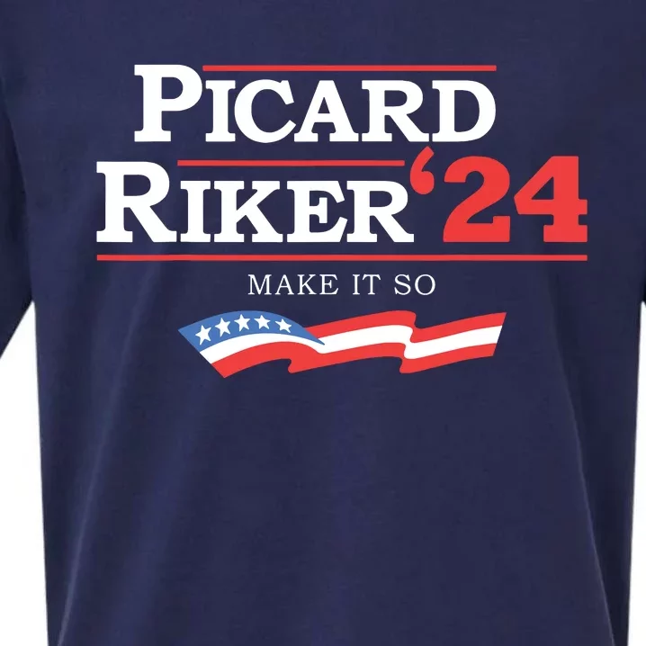 Picard Riker 2024 Make It So American Flag Funny Political Sueded Cloud Jersey T-Shirt