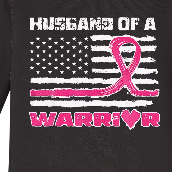 P.Ink Ribbon American Flag Husband Of A Warrior Breast Cancer Gift Baby Long Sleeve Bodysuit