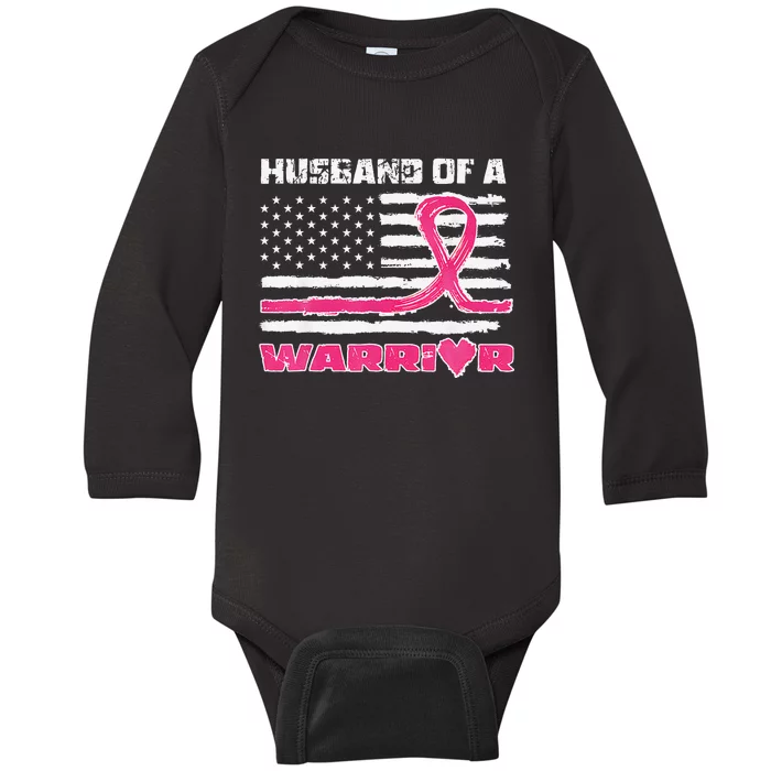 P.Ink Ribbon American Flag Husband Of A Warrior Breast Cancer Gift Baby Long Sleeve Bodysuit