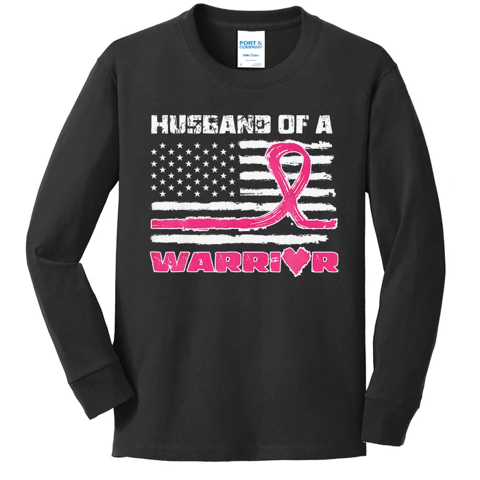 P.Ink Ribbon American Flag Husband Of A Warrior Breast Cancer Gift Kids Long Sleeve Shirt