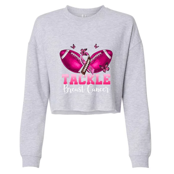 Pink Ribbon Awareness Tackle Breast Cancer Warrior Football Gift Cropped Pullover Crew