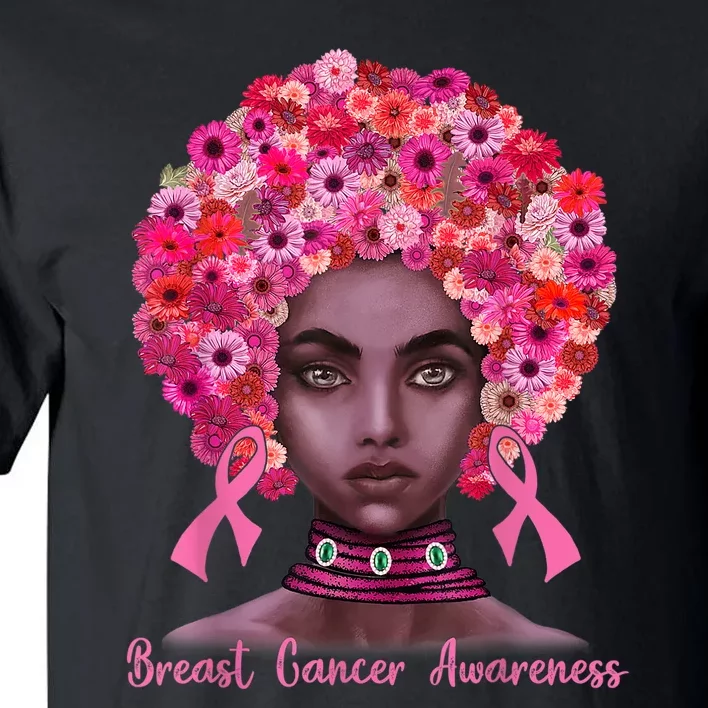 Pink Ribbon Afro Flowers Hair Black Queen Breast Cancer Tall T-Shirt