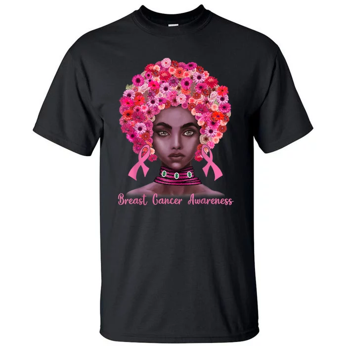 Pink Ribbon Afro Flowers Hair Black Queen Breast Cancer Tall T-Shirt