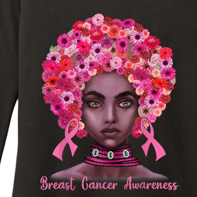 Pink Ribbon Afro Flowers Hair Black Queen Breast Cancer Womens CVC Long Sleeve Shirt