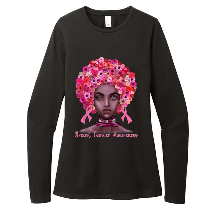 Pink Ribbon Afro Flowers Hair Black Queen Breast Cancer Womens CVC Long Sleeve Shirt