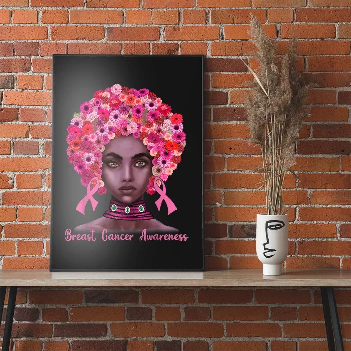 Pink Ribbon Afro Flowers Hair Black Queen Breast Cancer Poster