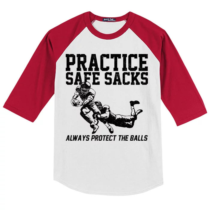 Practice Safe Sacks Funny Football Kids Colorblock Raglan Jersey