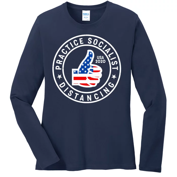 Practice Socialist Distancing Emblem USA Flag Thumbs Up Ladies Long Sleeve Shirt