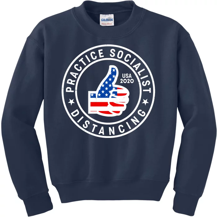 Practice Socialist Distancing Emblem USA Flag Thumbs Up Kids Sweatshirt