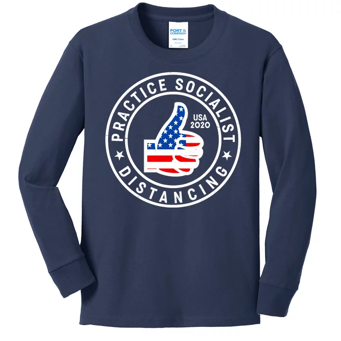 Practice Socialist Distancing Emblem USA Flag Thumbs Up Kids Long Sleeve Shirt