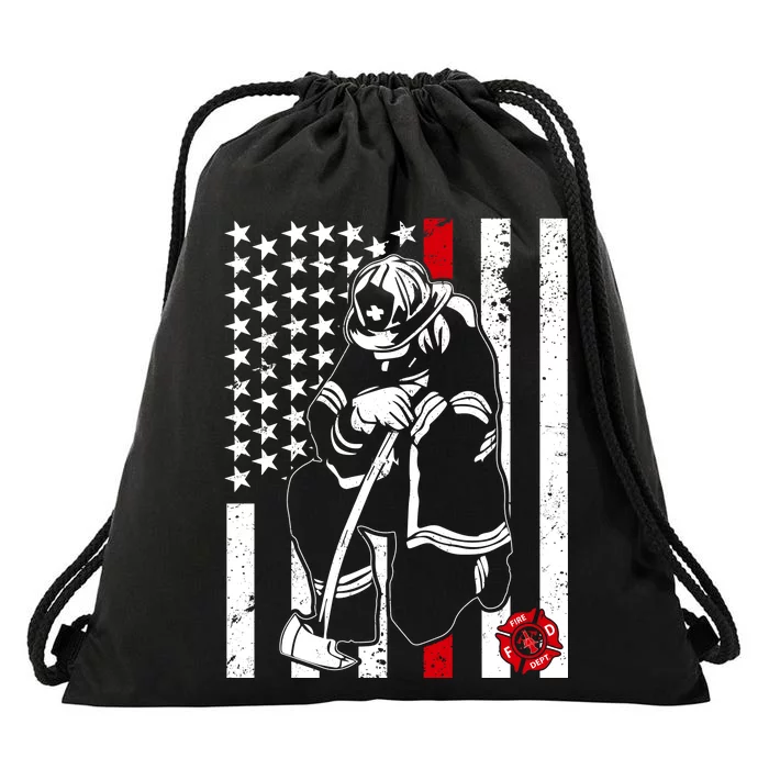 Praying Firefighter Thin Red Line Drawstring Bag