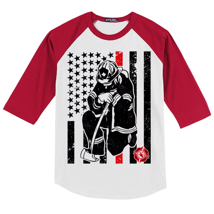 Praying Firefighter Thin Red Line Kids Colorblock Raglan Jersey